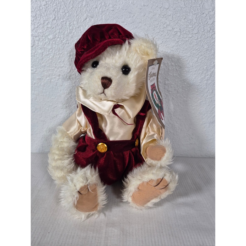 Vtg JCPenney Christmas Collection Plush Teddy Bear Cream Burgundy Velvet Hat